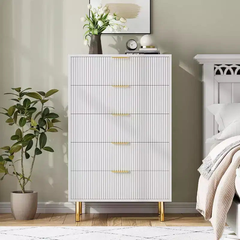 Modern 5 Drawer Dresser for Bedroom with Gold Handle and Large Drawer, Wood Double Chest of Drawers and Storage Organizer