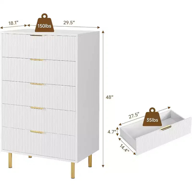 Commode de chambre moderne à 5 tiroirs avec poignée dorée et grand tiroir, double commode en bois et organisateur de rangement
