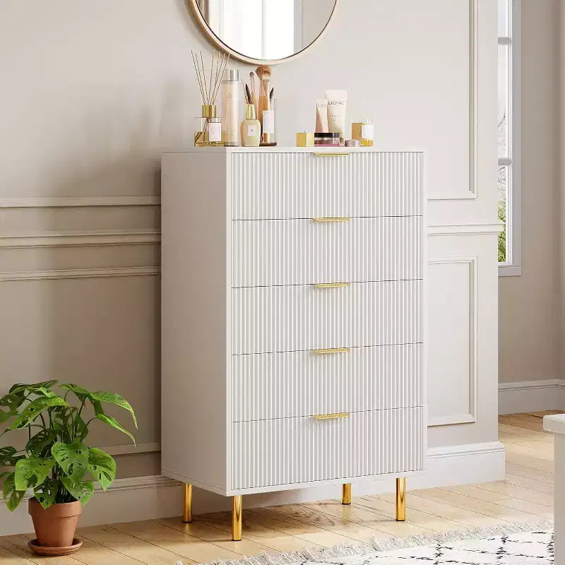 Commode de chambre moderne à 5 tiroirs avec poignée dorée et grand tiroir, double commode en bois et organisateur de rangement