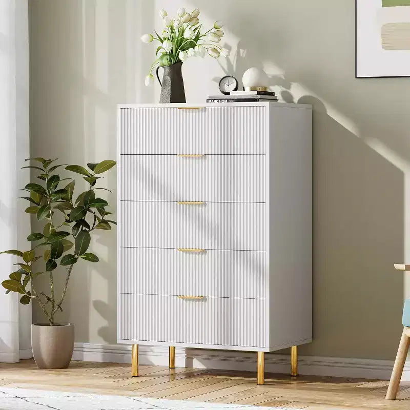 Commode de chambre moderne à 5 tiroirs avec poignée dorée et grand tiroir, double commode en bois et organisateur de rangement