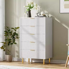 Commode de chambre moderne à 5 tiroirs avec poignée dorée et grand tiroir, double commode en bois et organisateur de rangement
