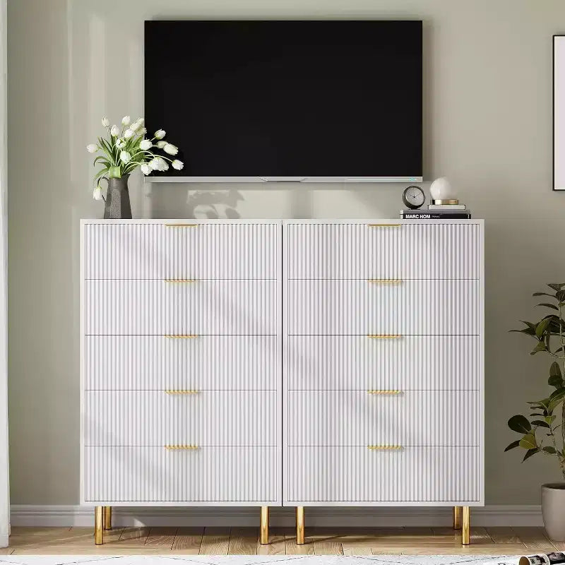 Commode de chambre moderne à 5 tiroirs avec poignée dorée et grand tiroir, double commode en bois et organisateur de rangement
