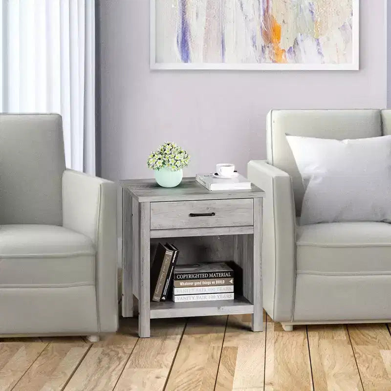 Acekool Farmhouse Grey Square Nightstand, Bedside Table with Drawer, End Table, Accent Table for Bedroom or Living Room