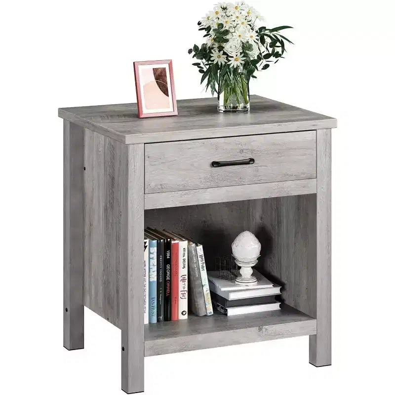 Table de chevet carrée grise Acekool Farmhouse, table de chevet avec tiroir, table d'appoint, table d'appoint pour chambre ou salon