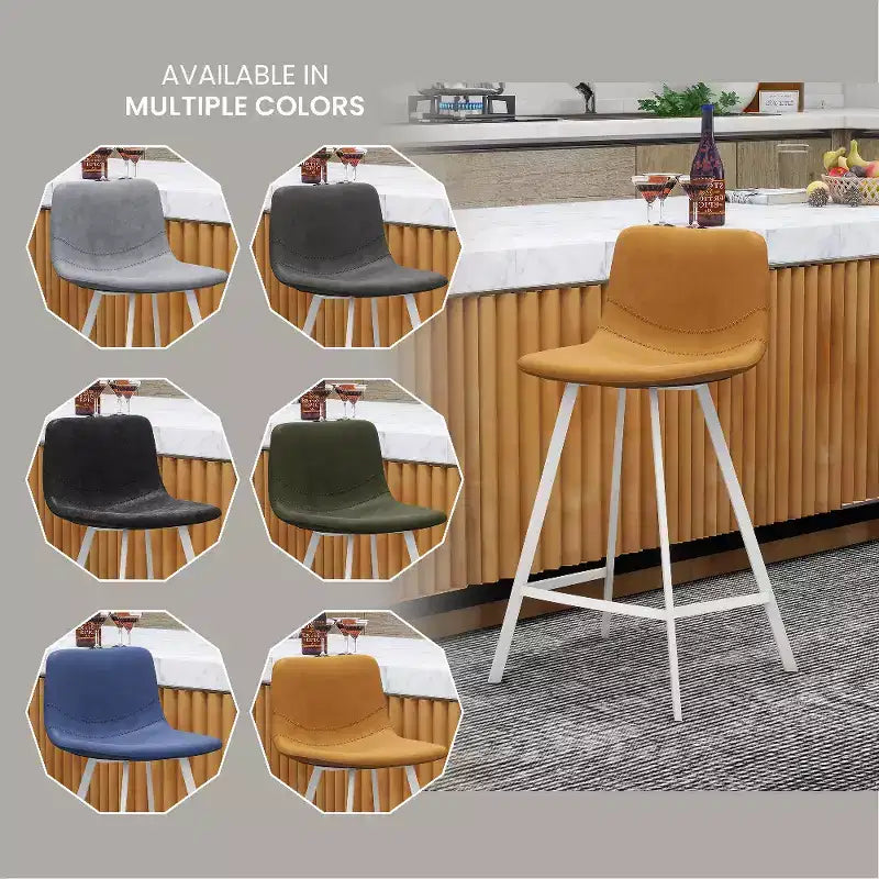 Tabouret de bar en cuir Elland de LeisureMod – Tabouret moderne de hauteur comptoir avec pieds en acier inoxydable blanc pour îlot de cuisine ou bar à domicile, lot de 2