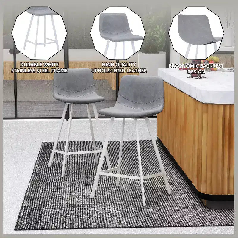 Tabouret de bar en cuir Elland de LeisureMod – Tabouret moderne de hauteur comptoir avec pieds en acier inoxydable blanc pour îlot de cuisine ou bar à domicile, lot de 2