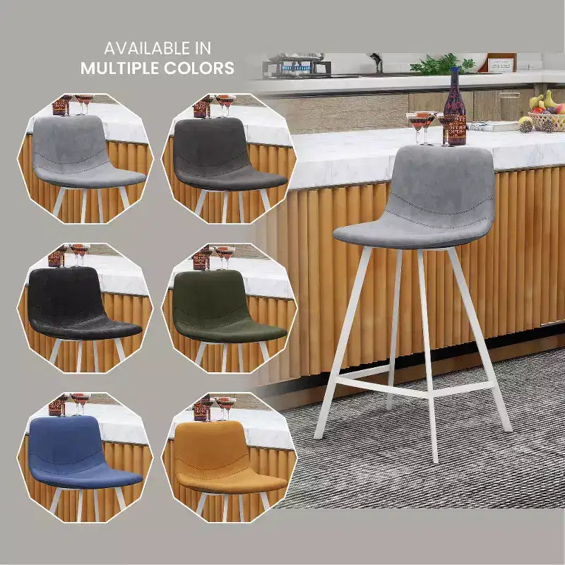 Tabouret de bar en cuir Elland de LeisureMod – Tabouret moderne de hauteur comptoir avec pieds en acier inoxydable blanc pour îlot de cuisine ou bar à domicile, lot de 2