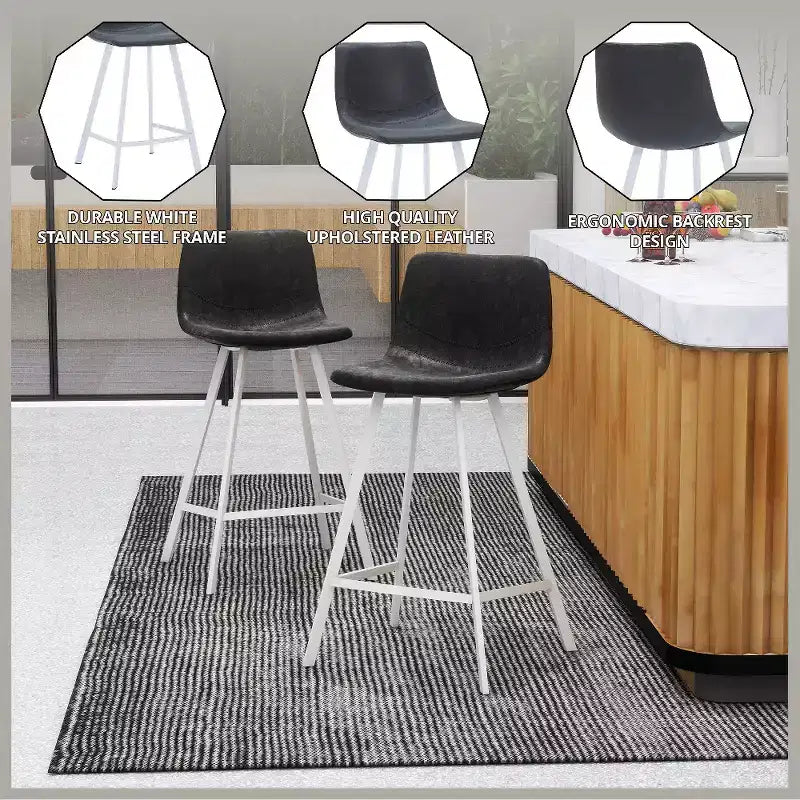 Tabouret de bar en cuir Elland de LeisureMod – Tabouret moderne de hauteur comptoir avec pieds en acier inoxydable blanc pour îlot de cuisine ou bar à domicile, lot de 2