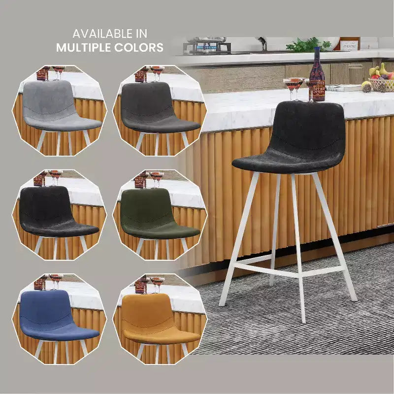 Tabouret de bar en cuir Elland de LeisureMod – Tabouret moderne de hauteur comptoir avec pieds en acier inoxydable blanc pour îlot de cuisine ou bar à domicile, lot de 2