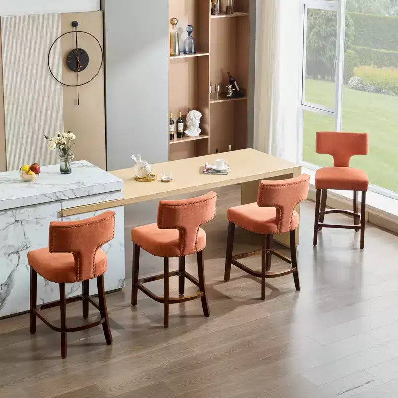 CLIHOME Lot de 2 tabourets de bar mi-siècle hauteur comptoir, chaises d'appoint de cuisine rembourrées en tissu lin de style campagnard avec dossier incurvé