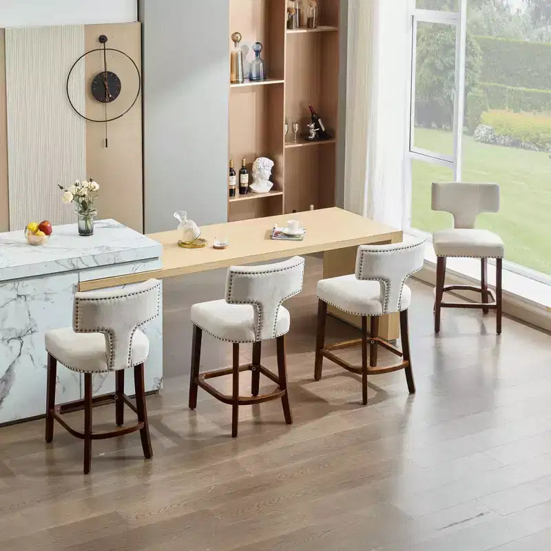 CLIHOME Lot de 2 tabourets de bar mi-siècle hauteur comptoir, chaises d'appoint de cuisine rembourrées en tissu lin de style campagnard avec dossier incurvé