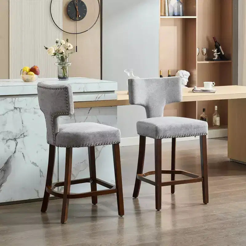 CLIHOME Lot de 2 tabourets de bar mi-siècle hauteur comptoir, chaises d'appoint de cuisine rembourrées en tissu lin de style campagnard avec dossier incurvé