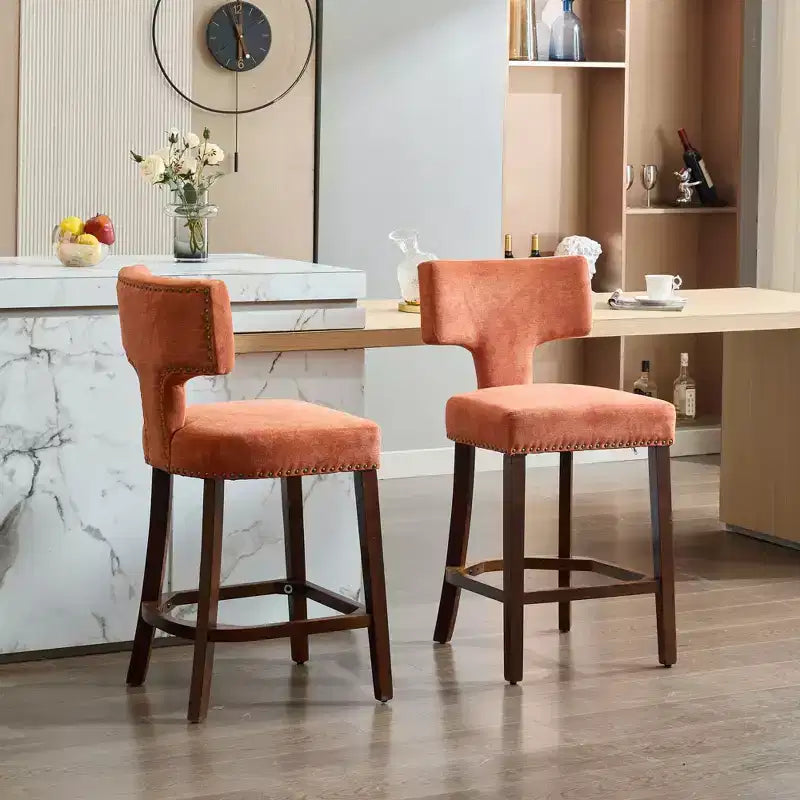 CLIHOME Lot de 2 tabourets de bar mi-siècle hauteur comptoir, chaises d'appoint de cuisine rembourrées en tissu lin de style campagnard avec dossier incurvé