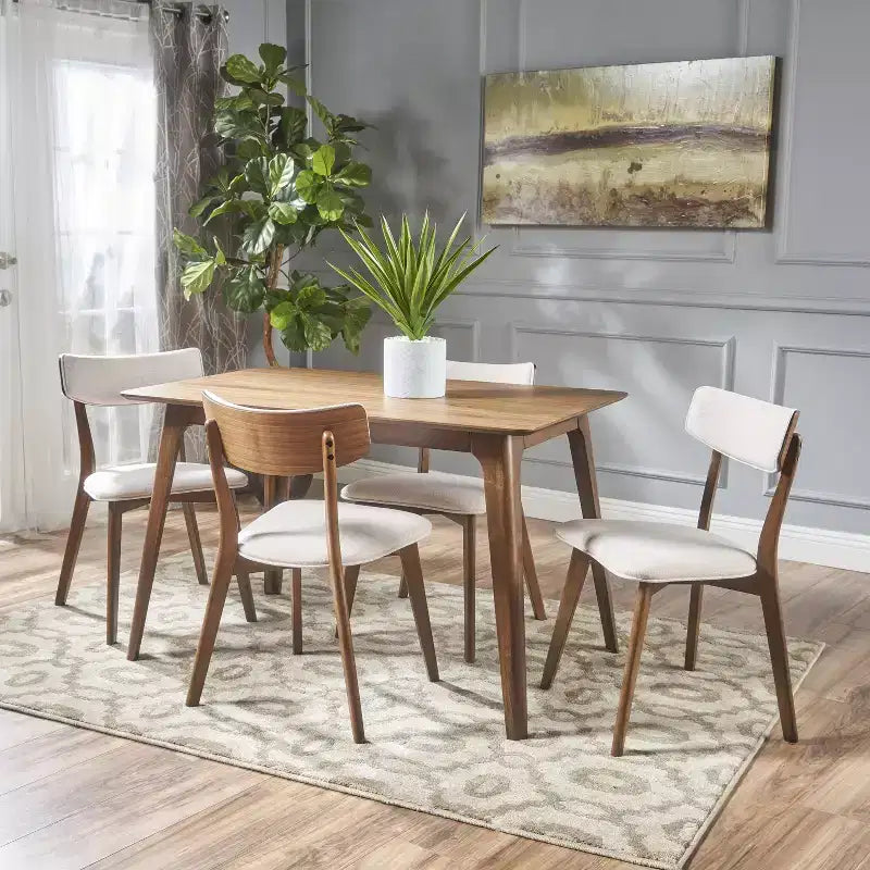 Ensemble de salle à manger 5 pièces GDFStudio Leora, de style moderne du milieu du siècle, en bois et tissu