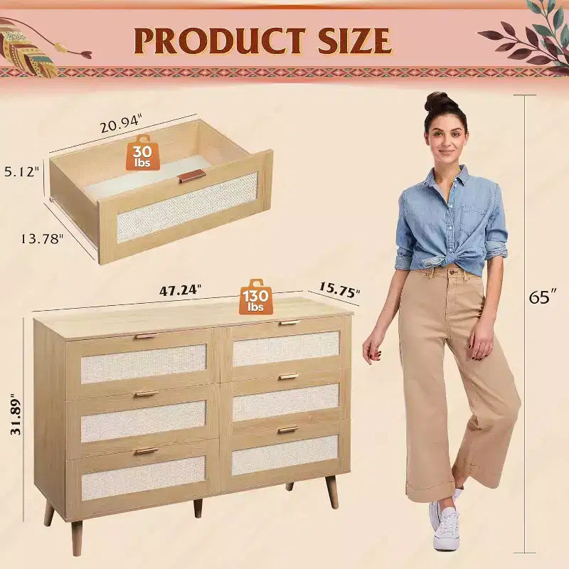 Commode GALAXHERO Boho en rotin à 6 tiroirs, armoire de rangement de 120 cm de large avec poignées dorées, compatible avec un téléviseur de 55'', idéale pour la chambre à coucher, le salon, chêne clair