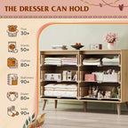 Commode GALAXHERO Boho en rotin à 6 tiroirs, armoire de rangement de 120 cm de large avec poignées dorées, compatible avec un téléviseur de 55'', idéale pour la chambre à coucher, le salon, chêne clair