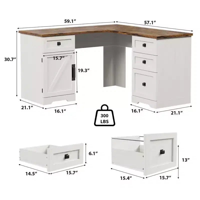 Bureau de direction en L de 60 pouces, bureau à domicile avec tiroirs de classement et armoire de rangement, bureau d'angle pour ordinateur avec armoire de rangement latérale réglable