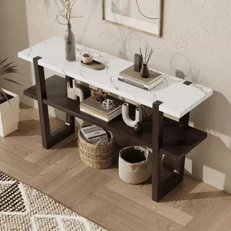 Console MAYEERTY avec plateau effet marbre et étagère ouverte pour couloir et salon Espresso