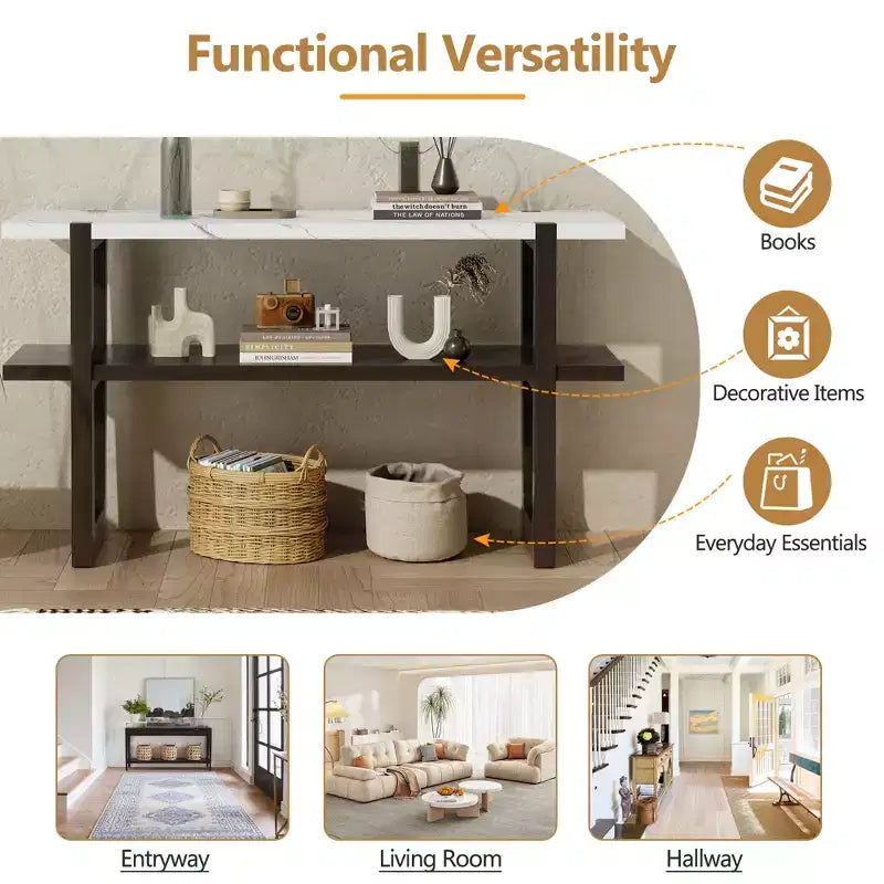 Console MAYEERTY avec plateau effet marbre et étagère ouverte pour couloir et salon Espresso