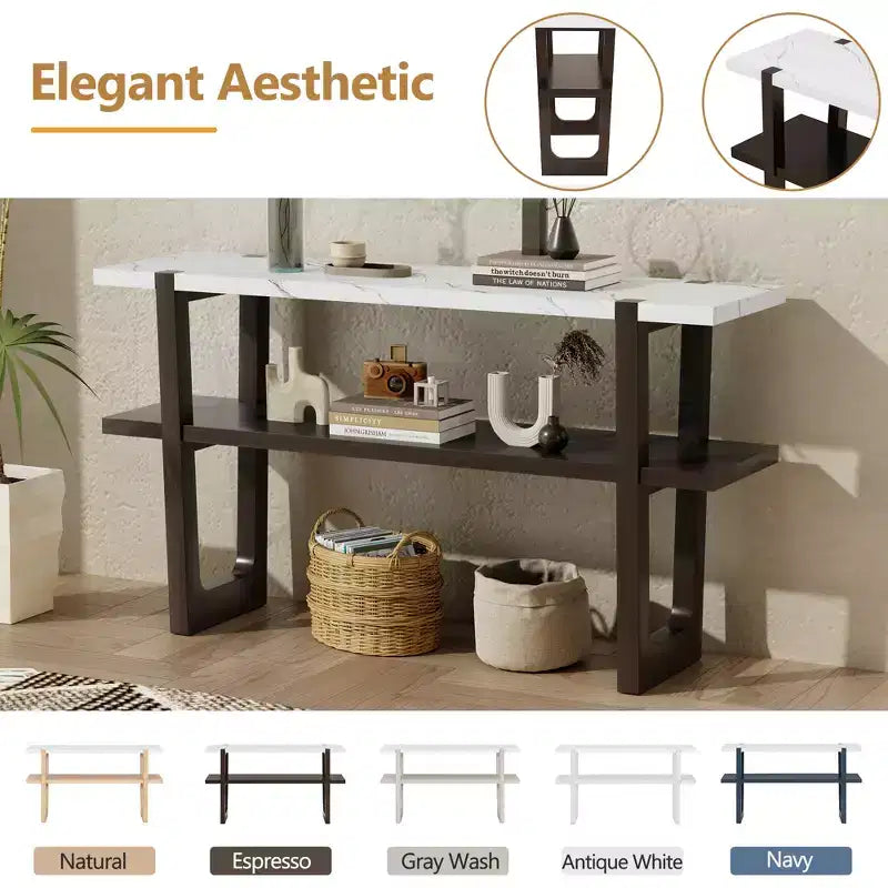 Console MAYEERTY avec plateau effet marbre et étagère ouverte pour couloir et salon Espresso