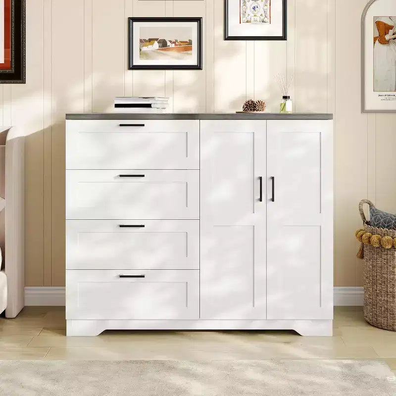 Commode multifonctionnelle en bois de 109,9 cm de hauteur, Armoire de garde-robe à 2 portes avec 4 tiroirs et tringle à vêtements, Meuble de rangement bas pour suspendre les vêtements