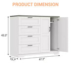Commode multifonctionnelle en bois de 109,9 cm de hauteur, Armoire de garde-robe à 2 portes avec 4 tiroirs et tringle à vêtements, Meuble de rangement bas pour suspendre les vêtements