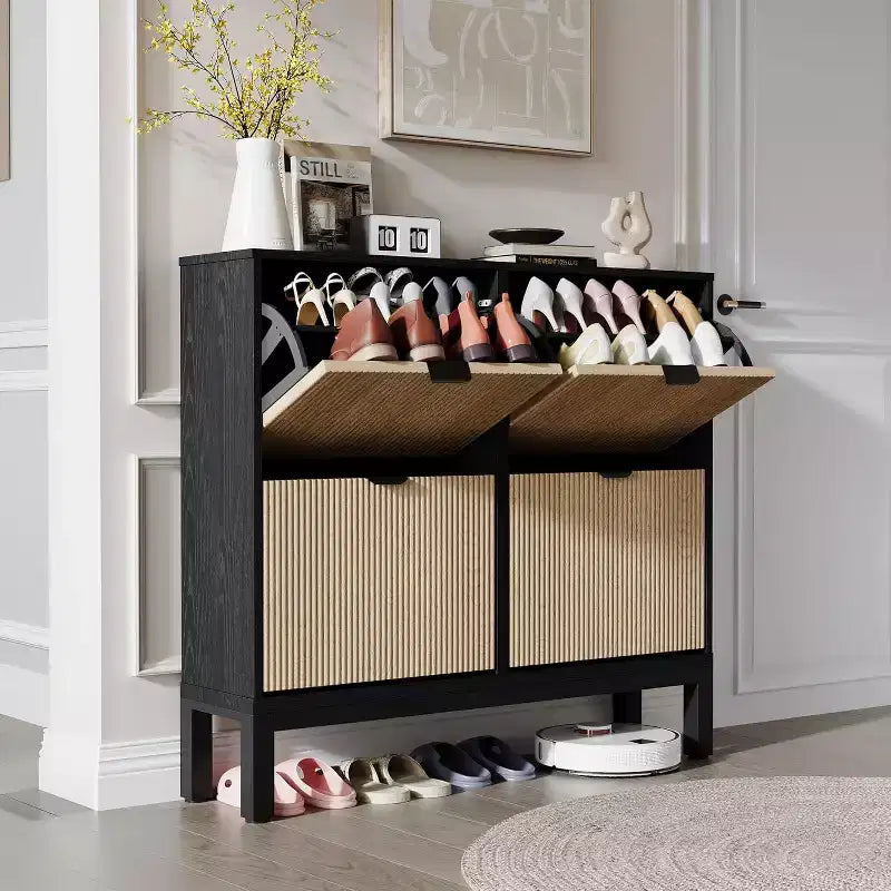 Meuble à chaussures Garvee avec 4 tiroirs basculants, armoire à chaussures en bois, organisateur de chaussures autoportant avec étagères réglables pour entrée, couloir