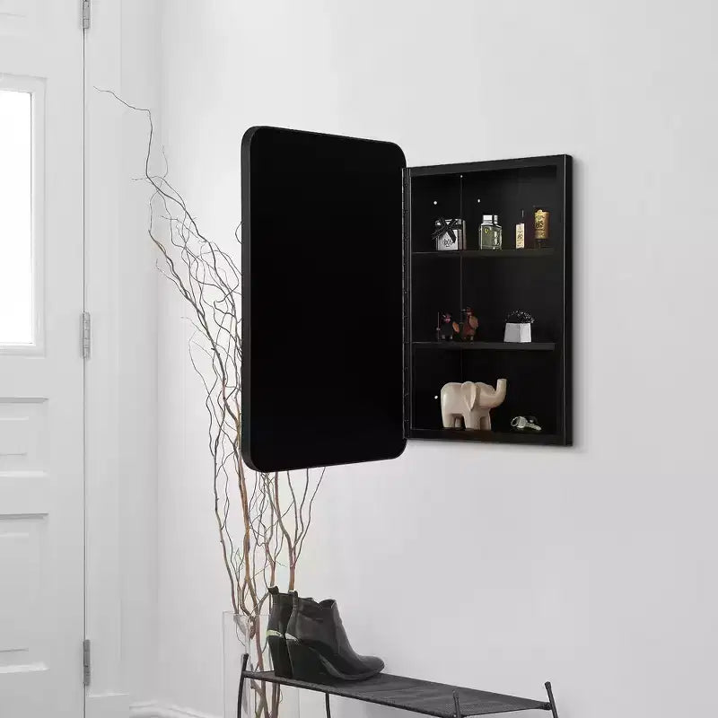 Armoire de salle de bain PexFix 24 x 16 avec miroir, cadre en acier inoxydable et 2 étagères réglables, armoires à pharmacie murales, miroirs rectangulaires encastrés, noir