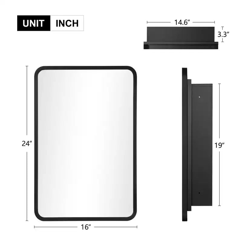 Armoire de salle de bain PexFix 24 x 16 avec miroir, cadre en acier inoxydable et 2 étagères réglables, armoires à pharmacie murales, miroirs rectangulaires encastrés, noir