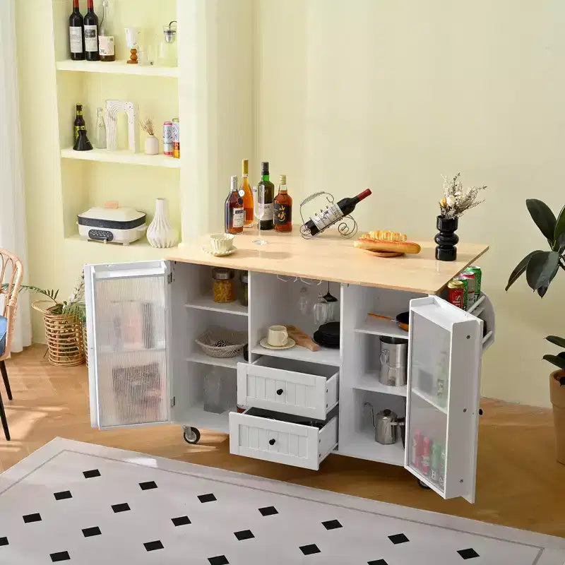 GDFStudio Kathleen Îlot de cuisine mobile moderne en bois de 47,6 po avec plateau rabattable et chariot de rangement