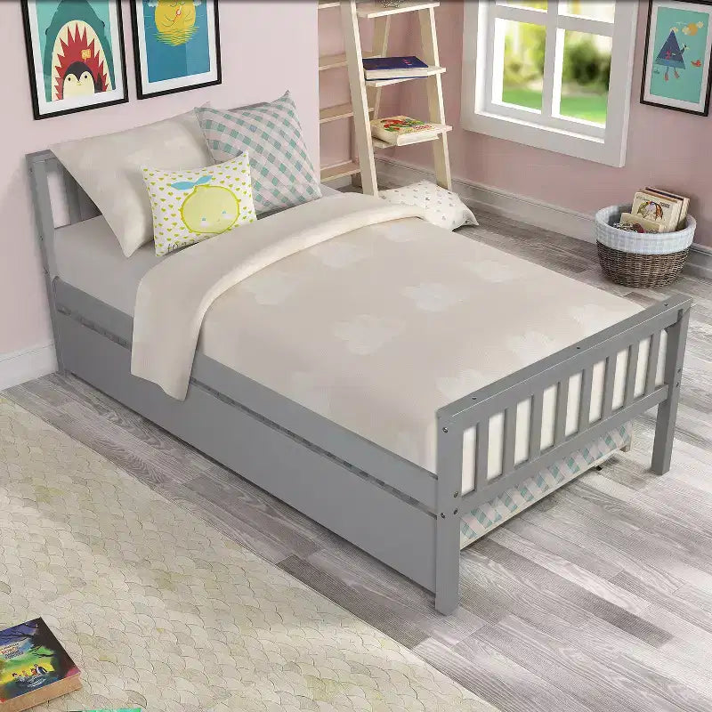 Lit double plateforme MAYEERTY avec lit gigogne, tête de lit et pied de lit, gris, pour chambre à coucher