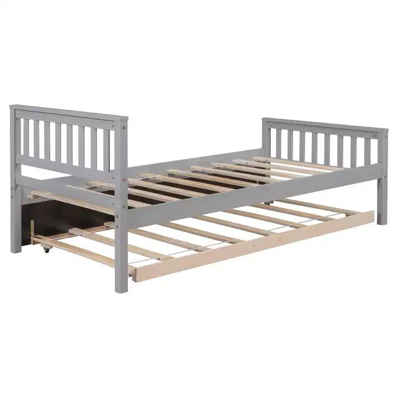 Lit double plateforme MAYEERTY avec lit gigogne, tête de lit et pied de lit, gris, pour chambre à coucher