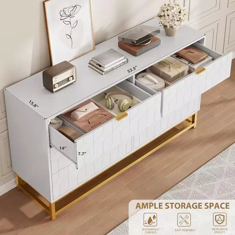 Commode de Chambre, Grande Commode de Rangement 53,5 pouces, 6 Tiroirs avec Poignées et Pieds en Métal Doré, Commode Moderne, Commode Grise avec Tiroirs