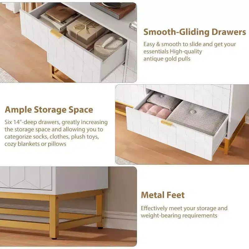 Commode de Chambre, Grande Commode de Rangement 53,5 pouces, 6 Tiroirs avec Poignées et Pieds en Métal Doré, Commode Moderne, Commode Grise avec Tiroirs