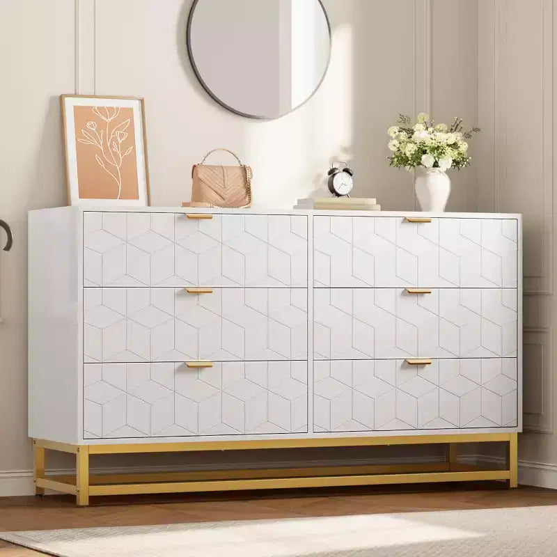 Commode de Chambre, Grande Commode de Rangement 53,5 pouces, 6 Tiroirs avec Poignées et Pieds en Métal Doré, Commode Moderne, Commode Grise avec Tiroirs