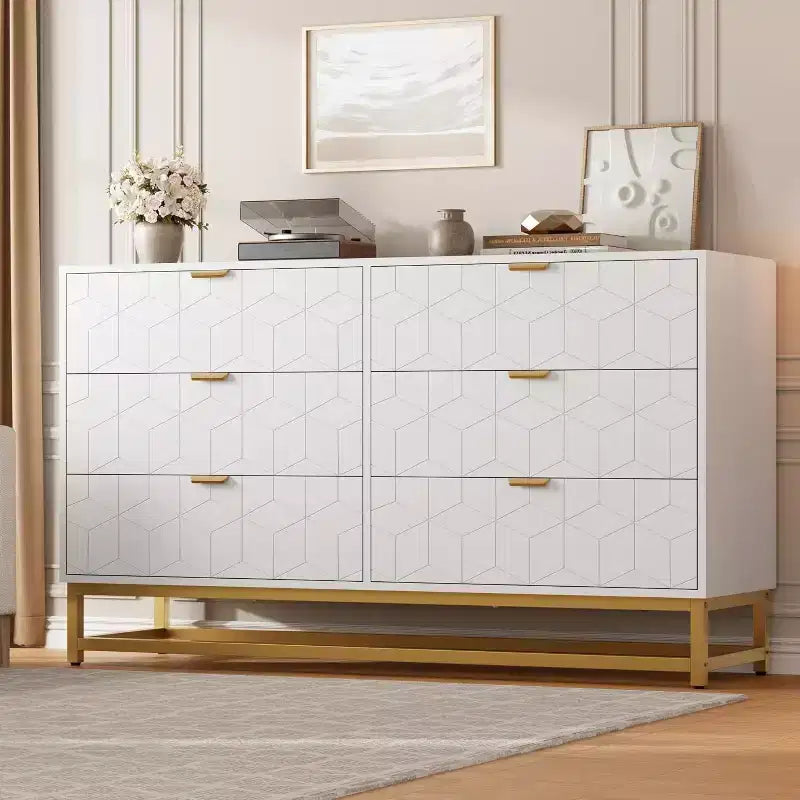 Commode de Chambre, Grande Commode de Rangement 53,5 pouces, 6 Tiroirs avec Poignées et Pieds en Métal Doré, Commode Moderne, Commode Grise avec Tiroirs