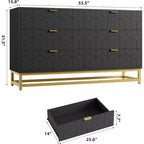 Commode de Chambre, Grande Commode de Rangement 53,5 pouces, 6 Tiroirs avec Poignées et Pieds en Métal Doré, Commode Moderne, Commode Grise avec Tiroirs