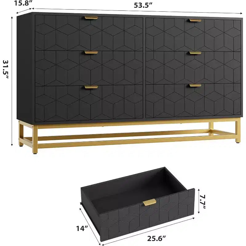 Commode de Chambre, Grande Commode de Rangement 53,5 pouces, 6 Tiroirs avec Poignées et Pieds en Métal Doré, Commode Moderne, Commode Grise avec Tiroirs
