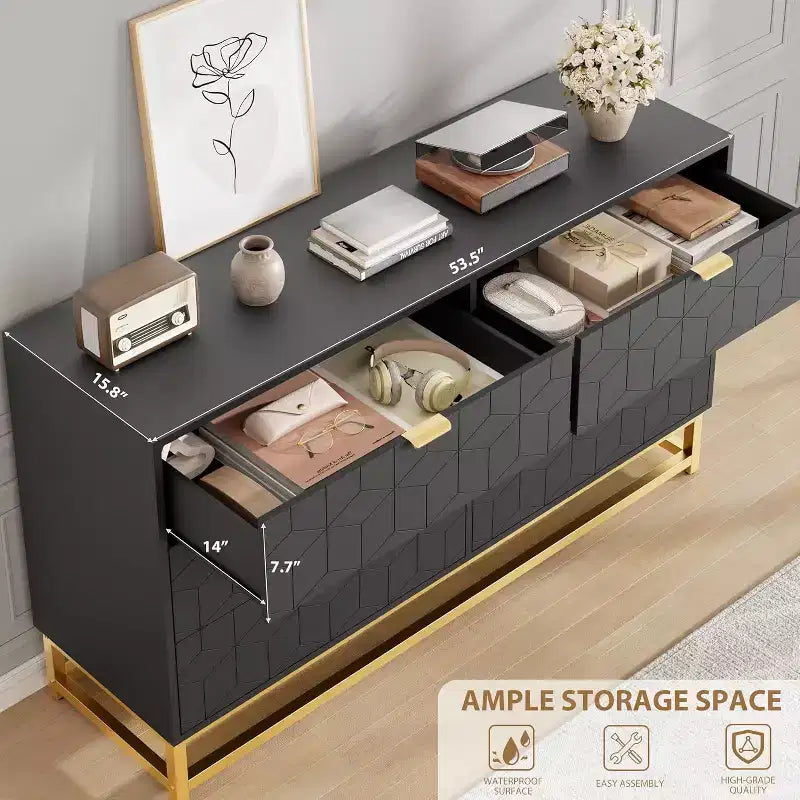 Commode de Chambre, Grande Commode de Rangement 53,5 pouces, 6 Tiroirs avec Poignées et Pieds en Métal Doré, Commode Moderne, Commode Grise avec Tiroirs