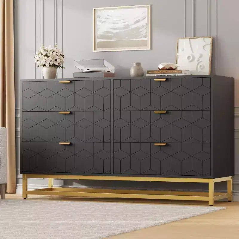Commode de Chambre, Grande Commode de Rangement 53,5 pouces, 6 Tiroirs avec Poignées et Pieds en Métal Doré, Commode Moderne, Commode Grise avec Tiroirs