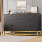 Commode de Chambre, Grande Commode de Rangement 53,5 pouces, 6 Tiroirs avec Poignées et Pieds en Métal Doré, Commode Moderne, Commode Grise avec Tiroirs