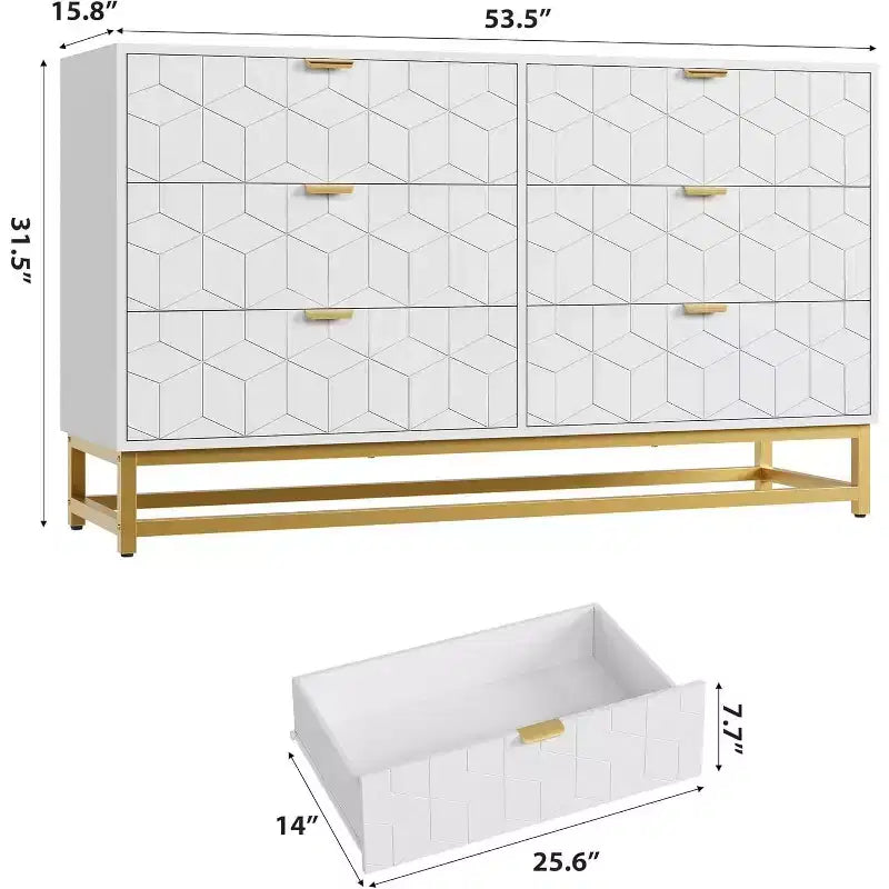 Commode de Chambre, Grande Commode de Rangement 53,5 pouces, 6 Tiroirs avec Poignées et Pieds en Métal Doré, Commode Moderne, Commode Grise avec Tiroirs