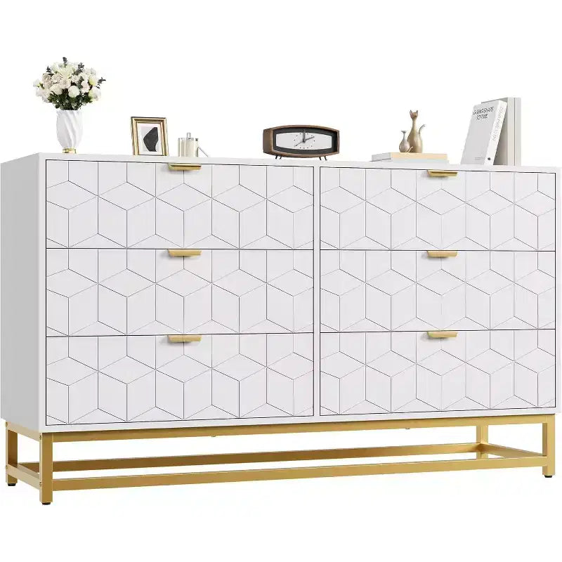 Commode de Chambre, Grande Commode de Rangement 53,5 pouces, 6 Tiroirs avec Poignées et Pieds en Métal Doré, Commode Moderne, Commode Grise avec Tiroirs
