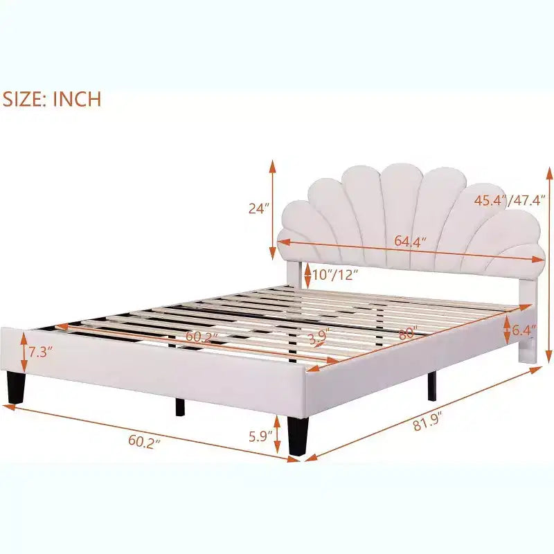 Lit plateforme Acekool Queen Size en velours avec tête de lit florale, cadre rembourré, support à lattes en bois, pas besoin de sommier, rose