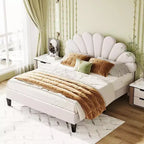 Lit plateforme Acekool Queen Size en velours avec tête de lit florale, cadre rembourré, support à lattes en bois, pas besoin de sommier, rose
