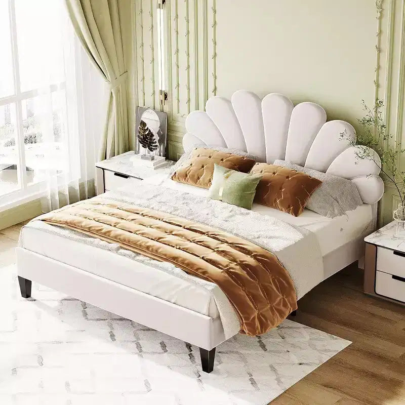 Lit plateforme Acekool Queen Size en velours avec tête de lit florale, cadre rembourré, support à lattes en bois, pas besoin de sommier, rose