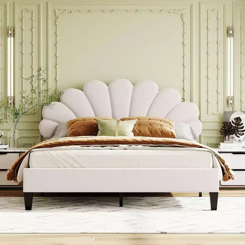 Lit plateforme Acekool Queen Size en velours avec tête de lit florale, cadre rembourré, support à lattes en bois, pas besoin de sommier, rose