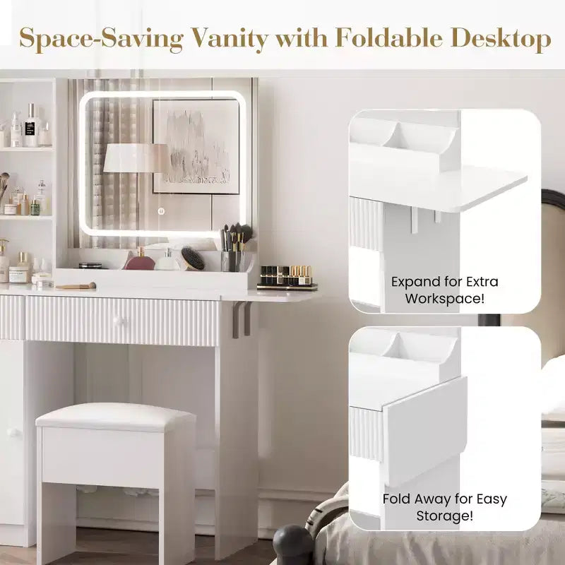 Coiffeuse GustoWave avec miroir et lumières, table de maquillage avec prises de courant, tiroirs et meuble de rangement, tabouret de rangement, coiffeuse pour chambre à coucher