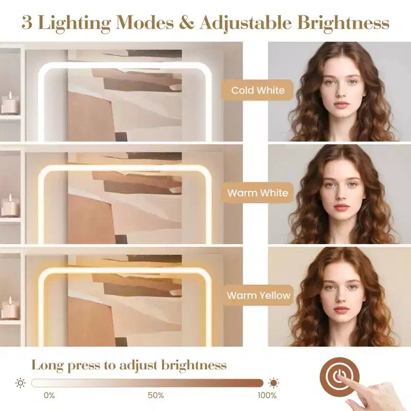 Coiffeuse GustoWave avec miroir et lumières, table de maquillage avec prises de courant, tiroirs et meuble de rangement, tabouret de rangement, coiffeuse pour chambre à coucher