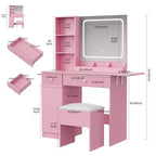 Coiffeuse GustoWave avec miroir et lumières, table de maquillage avec prises de courant, tiroirs et meuble de rangement, tabouret de rangement, coiffeuse pour chambre à coucher